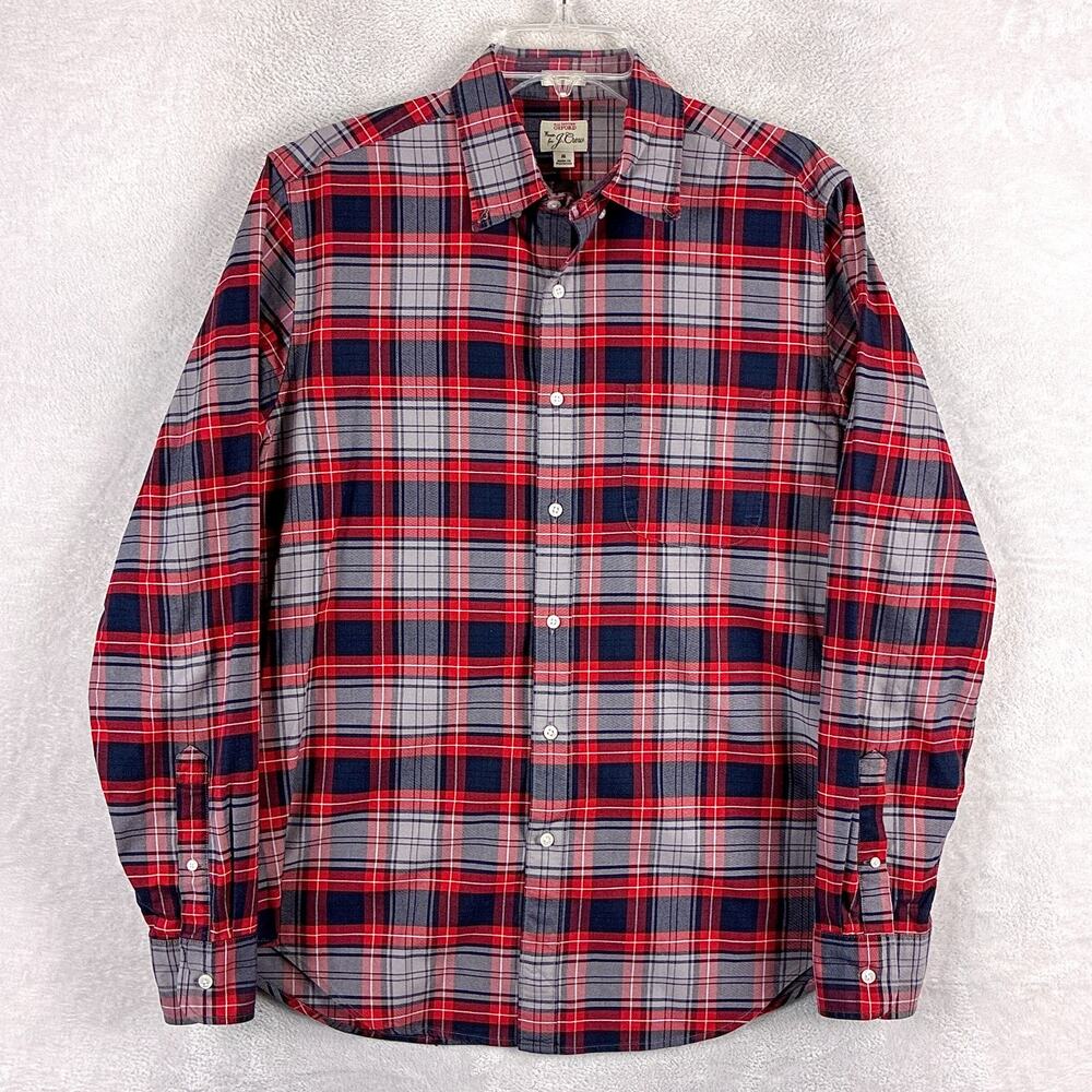 J.Crew Shirt Men M Navy Red Plaid All Cotton Oxford Preppy Heritage Classic OCBD